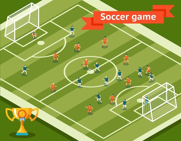Gratis vector voetbalwedstrijd. voetbalveld en spelers. competitie en doel, sport en team. vector illustratie