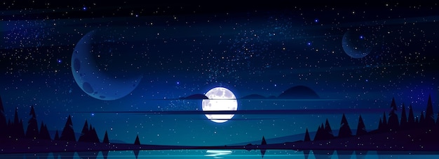 Volle maan in nachthemel met sterren en wolken boven bomen en vijver als gevolg van sterrelicht