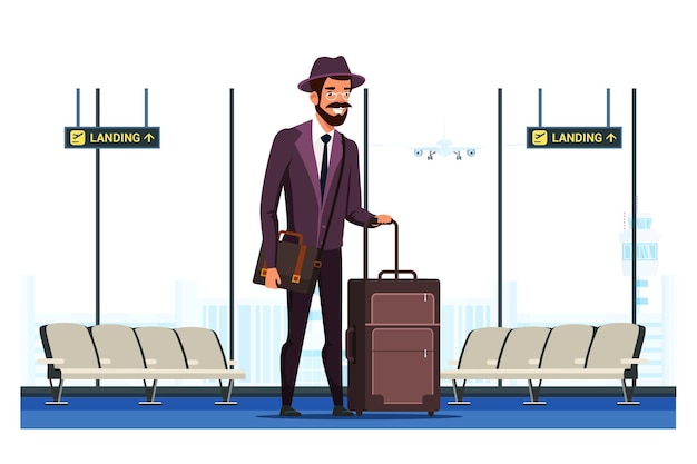 Gratis vector volwassen man toeristische reiziger in pak hoed bril met bagage koffer handtas bij vertrek luchthaven aankomst in terminal zakenreis