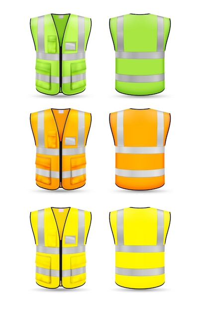 Voor- en achteraanzicht van realistische vest mock up van groen oranje en gele kleuren geïsoleerd op witte achtergrond vectorillustratie