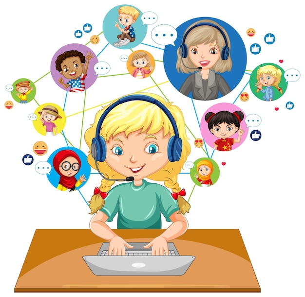 Vooraanzicht van een meisje met behulp van laptop voor videoconferentie communiceren met leraar en vrienden op witte achtergrond