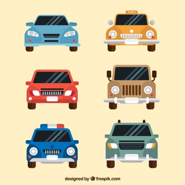 Gratis vector vooraanzicht van zes auto's in plat design