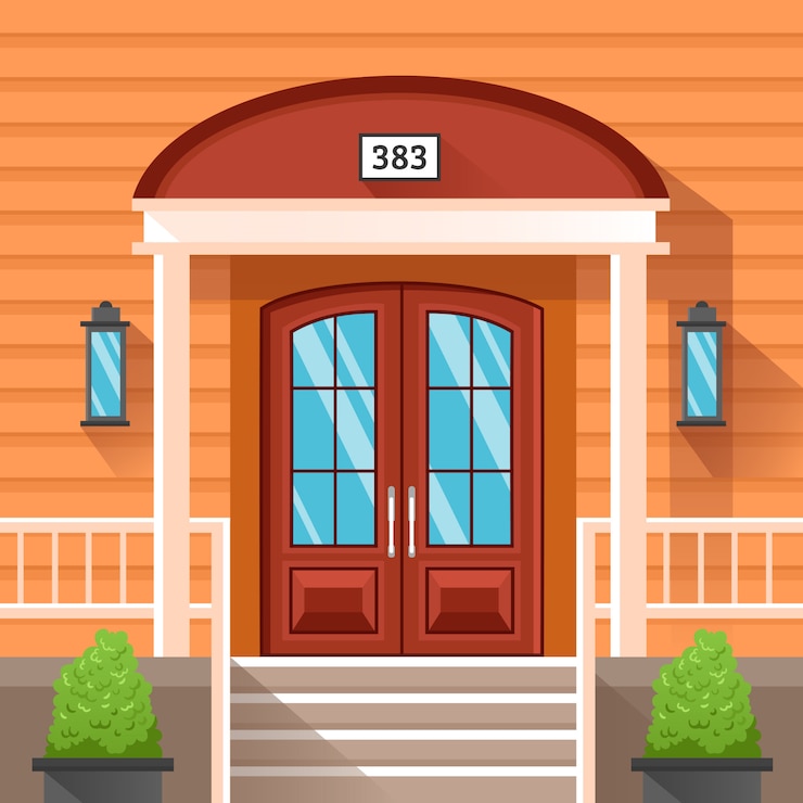 Gratis Vector voordeur van huis dat door opruiming wordt verfraaid