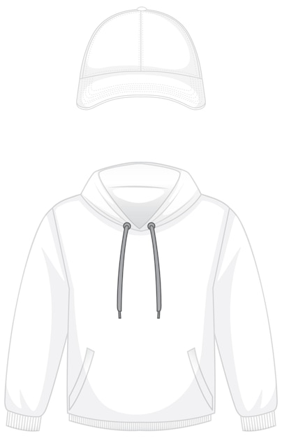 Voorkant van basic witte hoodie en pet geïsoleerd