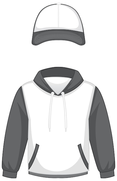 Voorkant van basic witte hoodie en pet geïsoleerd