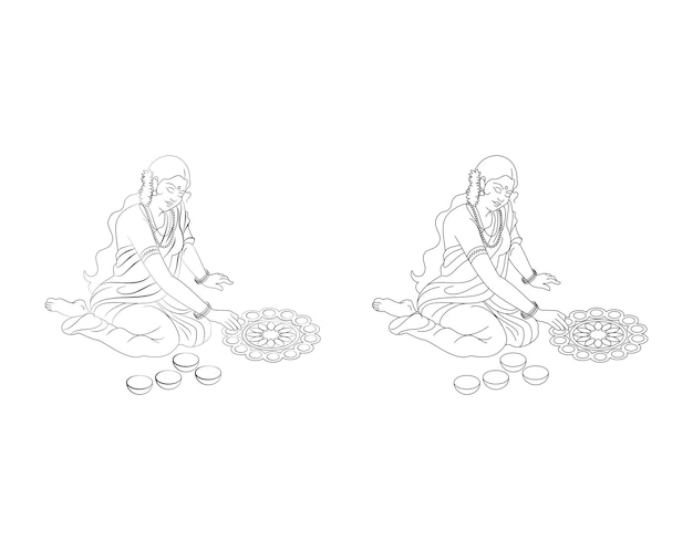 Voorraad vectorkunstwerk van indiase dame die rangoli maakt voor diwali pongal of onam