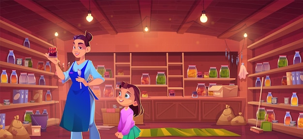 Voorraadkast interieur met vrouw en dochter met jampot cartoon achtergrond thuis berging met familiebehoud productopslag kind samen met vrouw in kelderkamer locatie spelscène