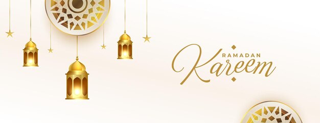 Vreedzame ramadan wenst banner met gouden lantaarns en islamitische decoratie