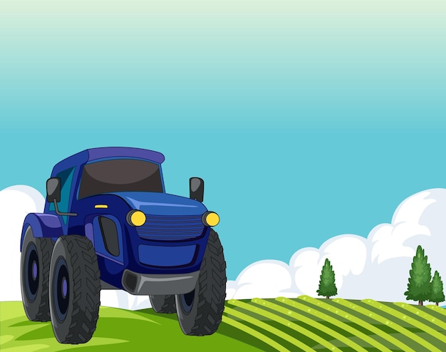 Gratis vector vreugdevolle blauwe tractor in groene velden