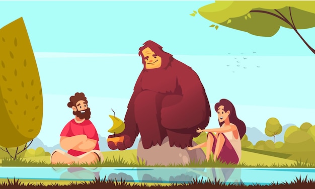 Gratis vector vriendelijke bigfoot speelgoed zeilboot op rivier met gelukkige man en vrouw cartoon vectorillustratie