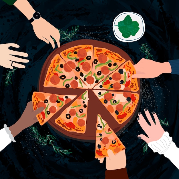 Gratis vector vrienden die een italiaanse pizza delen