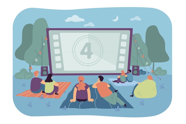 Gratis vector vrienden kijken naar film in openluchtbioscoop