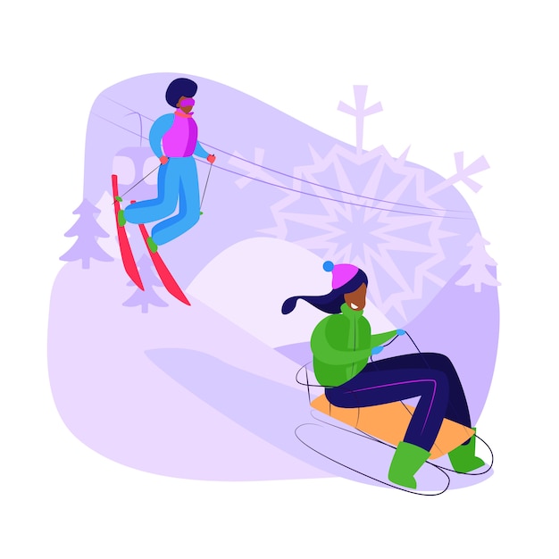 Gratis vector vrienden sleeën en skiën bergafwaarts