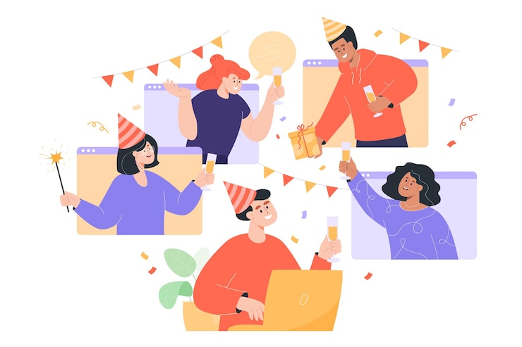 Gratis Vector vrienden vieren verjaardag online platte vectorillustratie. mannen en vrouwen met videogesprek of conferentie tijdens quarantaine. rammelende glazen door computervensters. virtueel feest, hangout-concept