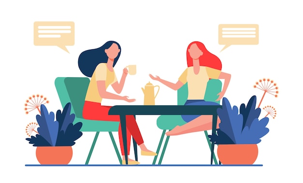 Vriendinnen ontmoeten elkaar tijdens een kopje koffie. Vrouwen die thee drinken en platte vectorillustratie chatten. Communicatie, vriendschapsconcept