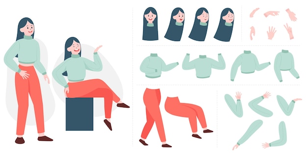 Vrij jonge vrouwenaannemer in vlakke stijl. Delen van lichaam, benen en armen, worden geconfronteerd met emoties. stripfiguur meisje
