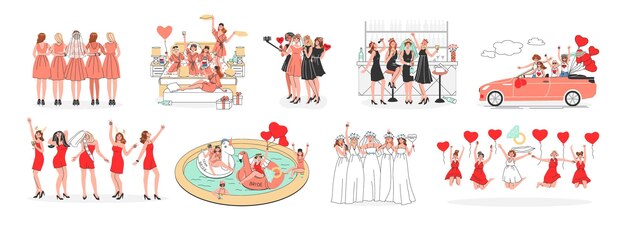 Vrijgezellenfeest vlakke reeks vrouwelijke personages die huwelijksavond vieren met bruid en haar team geïsoleerde vectorillustratie