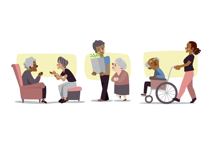 Gratis Vector vrijwilligers helpen bij het opzetten van ouderen