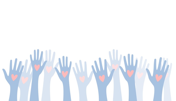 Gratis Vector vrijwilligers team opgestoken handen met liefde hart ontwerp vector