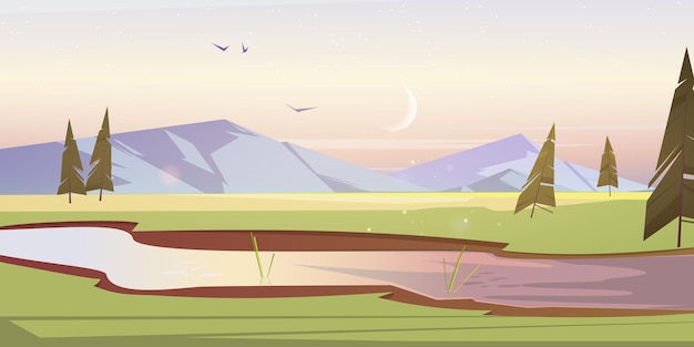 Vroege ochtend cartoon landschap landschap met groene velden van weiden en rivier stroomt over de uitgestrekte landen, bergen, sparren onder roze bewolkte hemel met vogels en halve maan, vectorillustratie