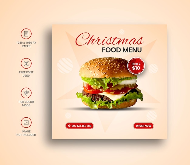 Vrolijk kerstfeest hamburger en eten menu social media bannersjabloon