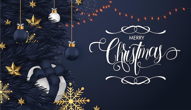 Gratis vector vrolijk kerstfeest realistische achtergrond met decoratieve kerstbelettering
