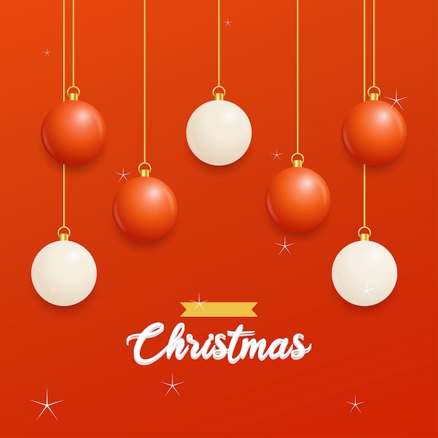 Vrolijk kerstfeest rode achtergrond met witte en rode hangende ballen horizontale kerstposters wenskaarten vectorillustratie