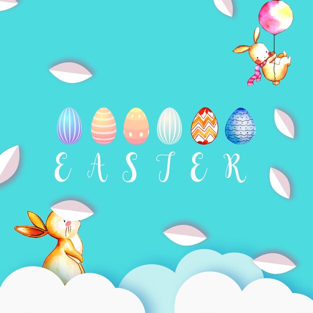 Vrolijk Pasen Groet Konijntje Bruin Rood Kleurrijke Eieren Blauwe Achtergrond Banner