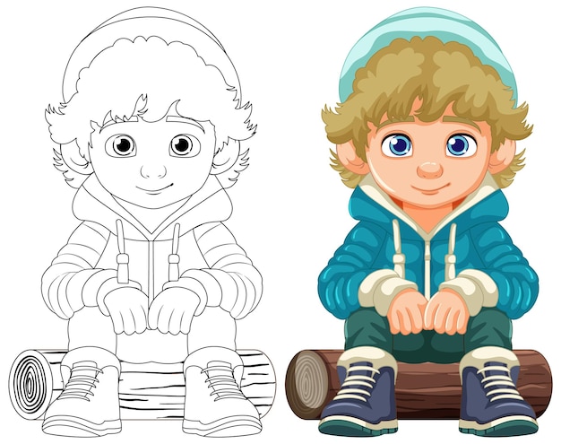 Gratis vector vrolijke jongen in cartoon hoodie zittend op houten log