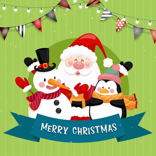 Vrolijke kerstkaart met kerstman, sneeuwman, pinguïn en geschenkdoos.