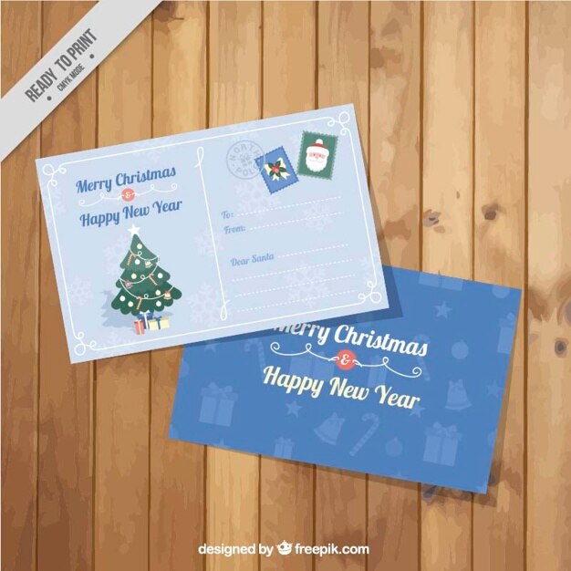 Vrolijke Kerstmis en Nieuwjaar postkaart met kerstboom