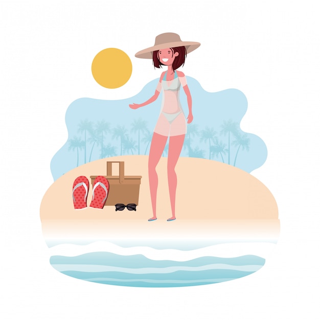 Gratis vector vrouw aan de oever van het strand met picknickmand