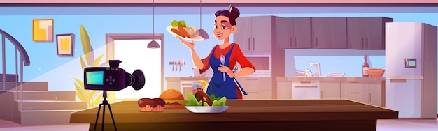 Gratis vector vrouw chef met camera op keuken met voedsel vector achtergrond moderne eet- en kookmeubelapparatuur in appartement meisje videoblogger in de buurt van schone kookteller grafische afbeelding