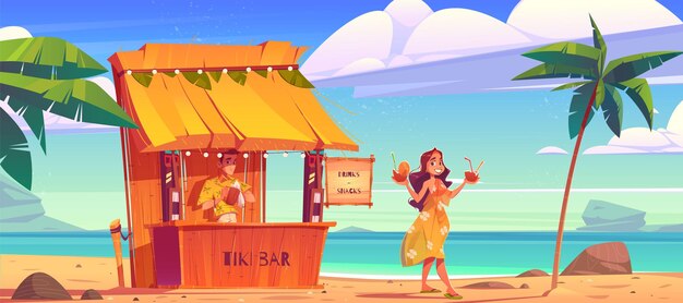 Vrouw cocktail in tiki hut bar met barman op het strand van Hawaï kopen