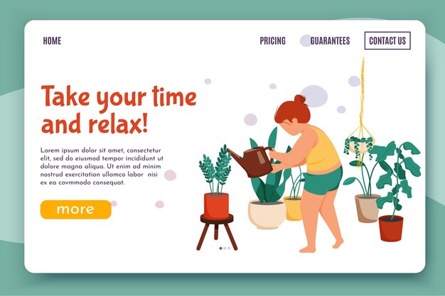 Vrouw dagelijkse routine vlakke afbeelding voor website-bestemmingspagina met vrouwelijk personage bloemen met links water geven