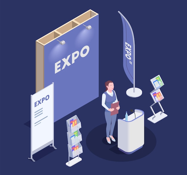 Gratis vector vrouw die goederen promoot dichtbij de isometrische samenstelling van de expostand