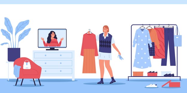 Vrouw die kleding in haar kledingkast kiest tijdens het kijken naar video van online modestylist platte vectorillustratie