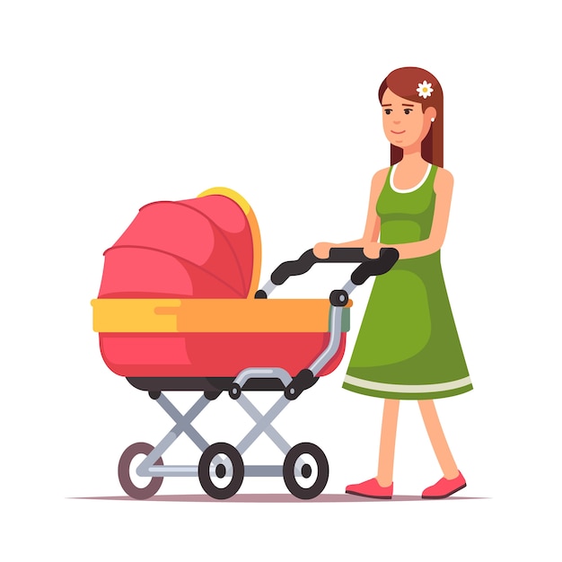 Gratis vector vrouw die met haar kind in een roze kinderwagen loopt