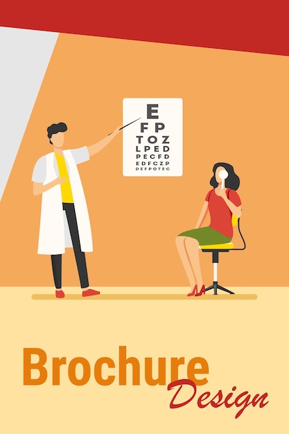 Vrouw die ogen onderzoekt met hulp van oogarts. Oogarts, brief, ziekenhuis platte vectorillustratie. Geneeskunde en gezondheidszorg concept