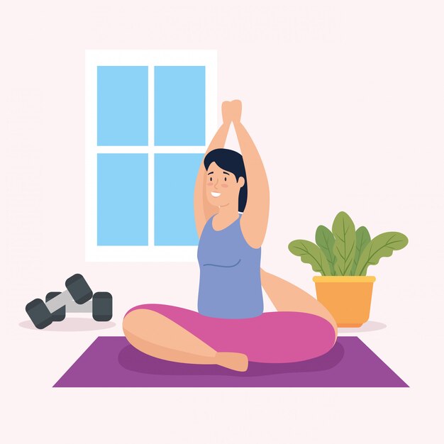 vrouw die yoga in het ontwerp van de huis vectorillustratie doen