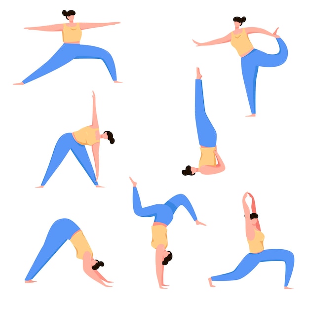 Vrouw doet yoga cartoon afbeelding set
