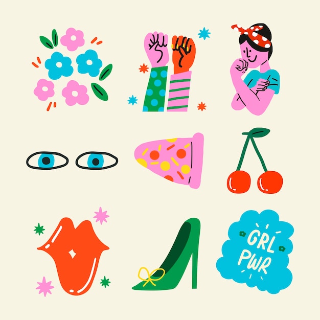 Vrouw empowerment sticker vector set in pop-art stijl