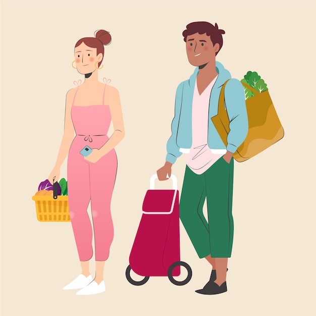 Gratis vector vrouw en man boodschappen doen