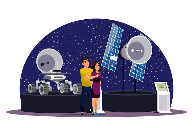 Gratis vector vrouw en man inspecteren stand met mars rover en ruimtesatelliet nemen selfie met exposities wetenschapstentoonstelling in astronomiemuseum studie van het zonnestelsel van sterrenstelsels