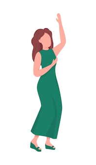 Vrouw in groene formele kleding semi egale kleur vector karakter. dynamische figuur. volledige lichaamspersoon op wit. partij geïsoleerde moderne cartoon stijl illustratie voor grafisch ontwerp en animatie