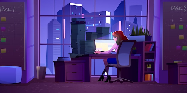 Vrouw in kantoor met computer op bureau 's nachts vectorillustratie drukke meisje karakter werknemer laat werken met wolkenkrabber stad raam weergave werkplek interieur en manager zitten met stapel documenten