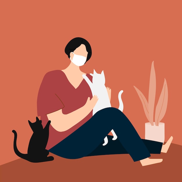 Gratis vector vrouw in quarantaine spelen met haar katten