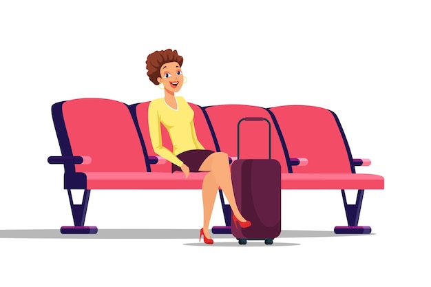 Vrouw in wachtkamer illustratie Meisje zit in fauteuils in het treinstation van de luchthaven