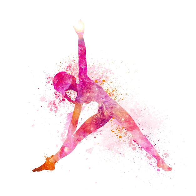 Vrouw in yoga pose met handgeschilderde aquarel splatter ontwerp