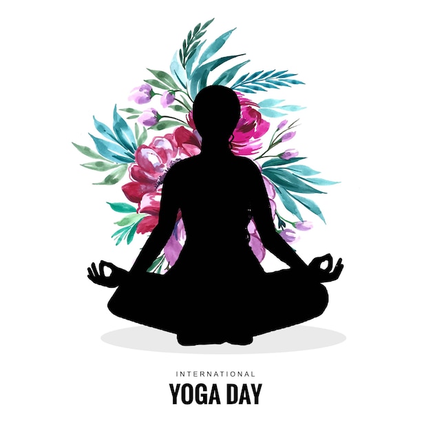 Gratis vector vrouw in yogahouding en bloemen op internationaal yoda-dagontwerp